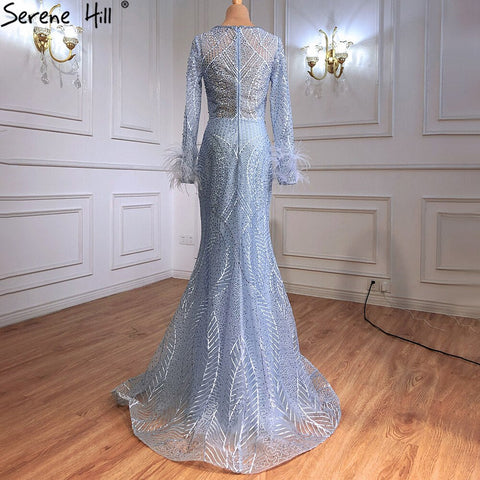 Vestidos de noche de lujo estilo sirena azul con plumas y cuentas, elegantes y lujosos para mujer, ideales para fiestas y tallas grandes (2025 LA70968) 