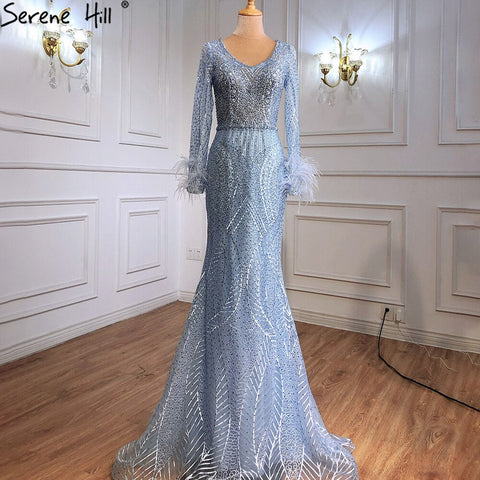 Vestidos de noche de lujo estilo sirena azul con plumas y cuentas, elegantes y lujosos para mujer, ideales para fiestas y tallas grandes (2025 LA70968) 