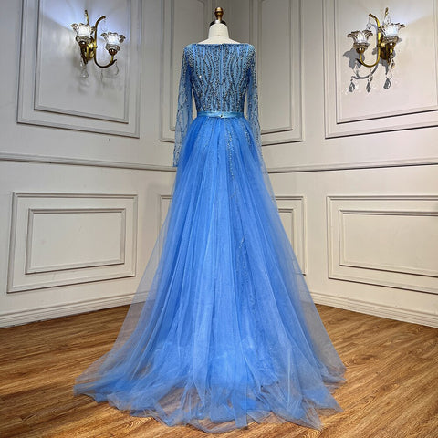 Vestidos de noche árabes elegantes con perlas y cuentas de lujo de sirena azul para mujer, ideales para bodas y fiestas LA71861 
