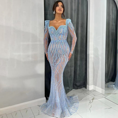 Vestidos de noche árabes elegantes con perlas y cuentas de lujo de sirena azul para mujer, ideales para bodas y fiestas LA71861 