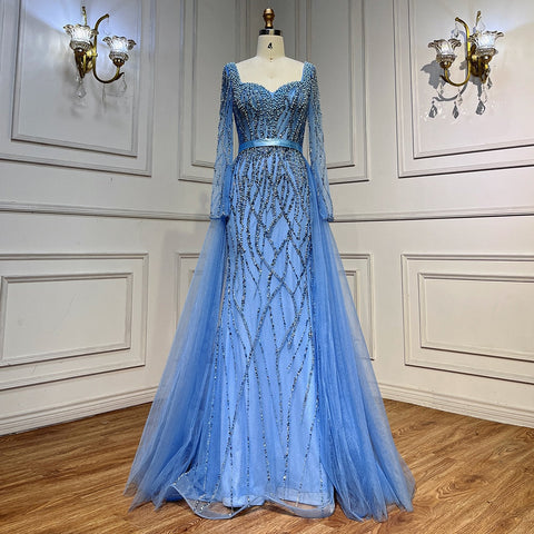 Vestidos de noche árabes elegantes con perlas y cuentas de lujo de sirena azul para mujer, ideales para bodas y fiestas LA71861 