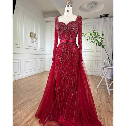 Vestidos de noche árabes elegantes con perlas y cuentas de lujo de sirena azul para mujer, ideales para bodas y fiestas LA71861 