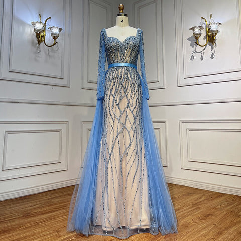 Vestidos de noche árabes elegantes con perlas y cuentas de lujo de sirena azul para mujer, ideales para bodas y fiestas LA71861 