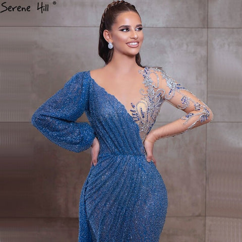 Vestido de noche azul sirena con cuello redondo, manga larga, bordado brillante, estilo formal, colección 2025, Dubái, LA70759 
