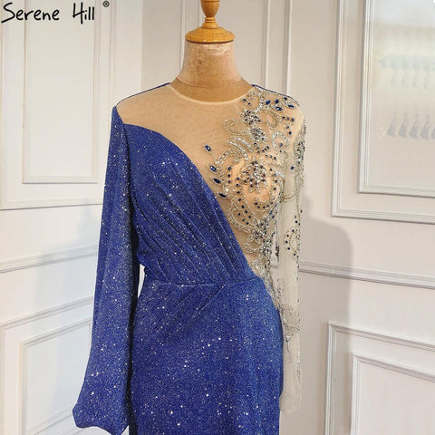 Vestido de noche azul sirena con cuello redondo, manga larga, bordado brillante, estilo formal, colección 2025, Dubái, LA70759 