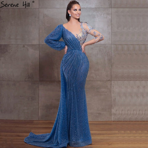 Vestido de noche azul sirena con cuello redondo, manga larga, bordado brillante, estilo formal, colección 2025, Dubái, LA70759 