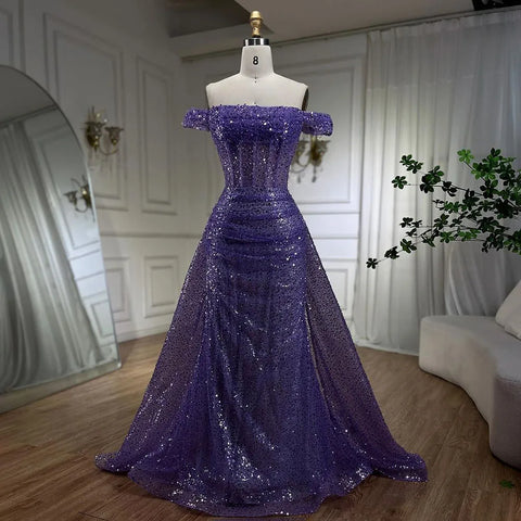 Vestido de noche azul sirena con hombros descubiertos, sobrefalda, lentejuelas y cuentas, para mujer, ideal para fiestas, colección 2025 LA72204 