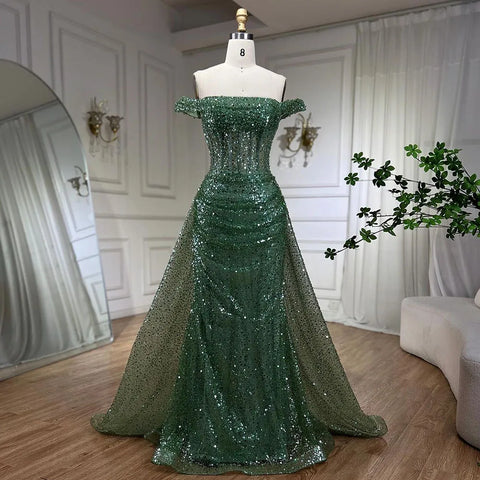 Vestido de noche azul sirena con hombros descubiertos, sobrefalda, lentejuelas y cuentas, para mujer, ideal para fiestas, colección 2025 LA72204 