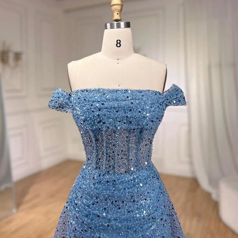 Vestido de noche azul sirena con hombros descubiertos, sobrefalda, lentejuelas y cuentas, para mujer, ideal para fiestas, colección 2025 LA72204 