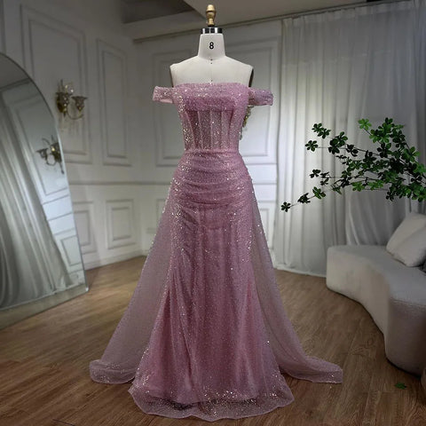 Vestido de noche azul sirena con hombros descubiertos, sobrefalda, lentejuelas y cuentas, para mujer, ideal para fiestas, colección 2025 LA72204 