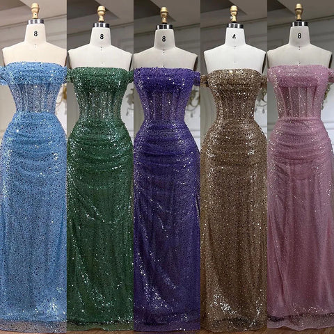 Vestido de noche azul sirena con hombros descubiertos, sobrefalda, lentejuelas y cuentas, para mujer, ideal para fiestas, colección 2025 LA72204 