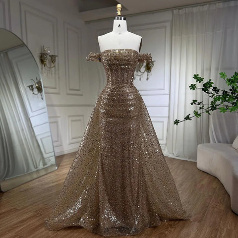 Vestido de noche azul sirena con hombros descubiertos, sobrefalda, lentejuelas y cuentas, para mujer, ideal para fiestas, colección 2025 LA72204 