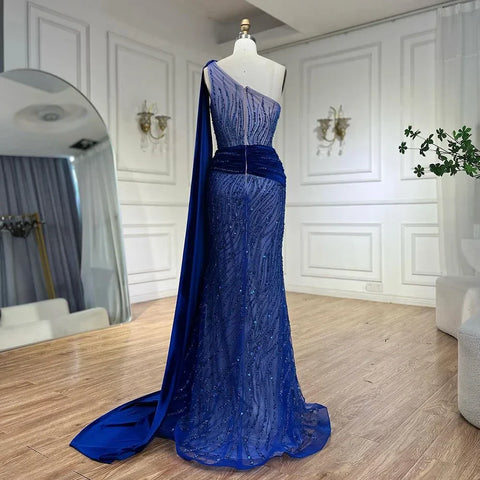 Robe de soirée sirène bleue asymétrique, élégante, manches cape, perles, luxueuse, pour femme, 2025, LA72323 