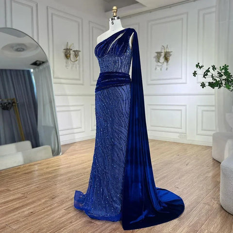 Robe de soirée sirène bleue asymétrique, élégante, manches cape, perles, luxueuse, pour femme, 2025, LA72323 