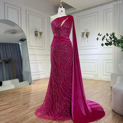 Robe de soirée sirène bleue asymétrique, élégante, manches cape, perles, luxueuse, pour femme, 2025, LA72323 