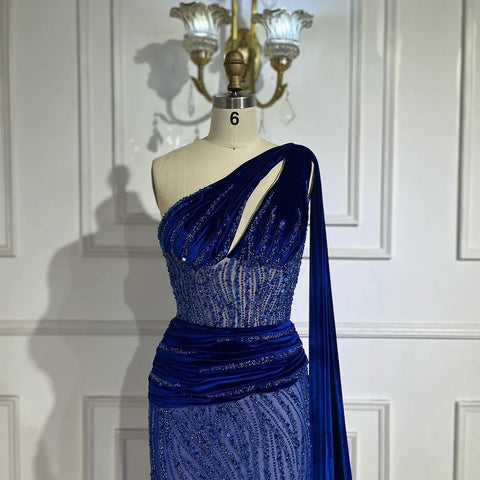 Robe de soirée sirène bleue asymétrique, élégante, manches cape, perles, luxueuse, pour femme, 2025, LA72323 