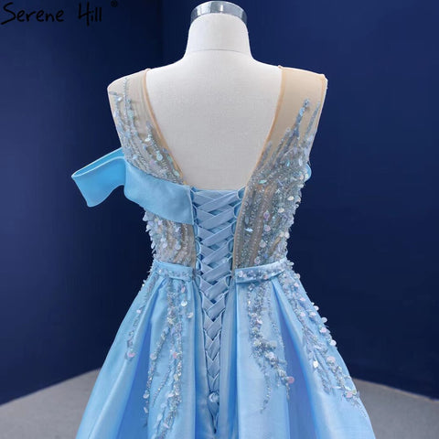 Vestidos de noche con sobrefalda de sirena azul, elegantes y lujosos, con cuentas, de satén, para mujer, para fiestas, HM67366 