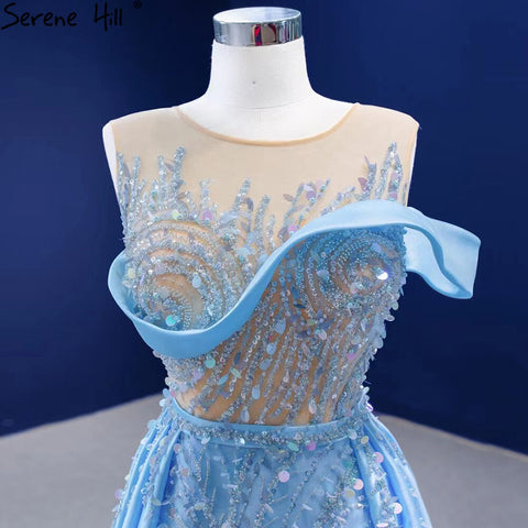 Vestidos de noche con sobrefalda de sirena azul, elegantes y lujosos, con cuentas, de satén, para mujer, para fiestas, HM67366 
