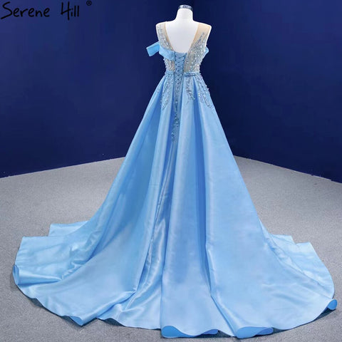 Vestidos de noche con sobrefalda de sirena azul, elegantes y lujosos, con cuentas, de satén, para mujer, para fiestas, HM67366 