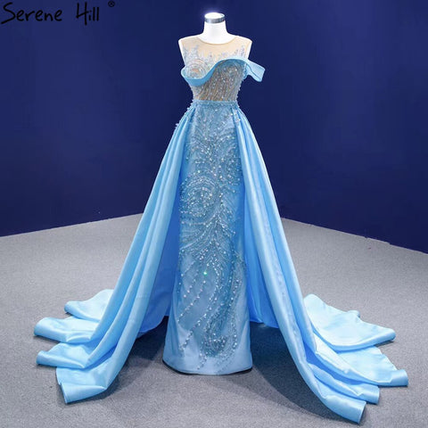 Vestidos de noche con sobrefalda de sirena azul, elegantes y lujosos, con cuentas, de satén, para mujer, para fiestas, HM67366 