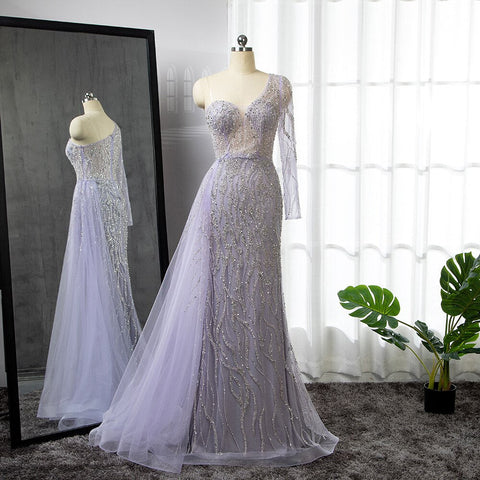 Robe de soirée sirène bleue, élégante et sexy, asymétrique, avec perles, luxueuse, pour femme, modèle LA71629, 2025 