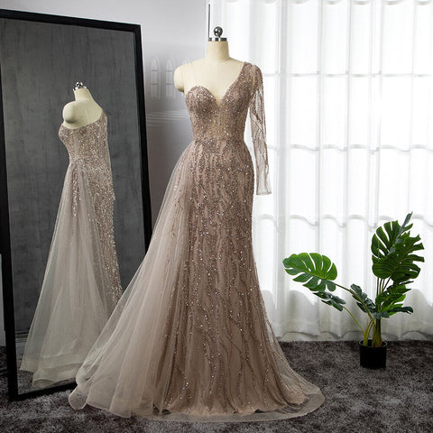 Robe de soirée sirène bleue, élégante et sexy, asymétrique, avec perles, luxueuse, pour femme, modèle LA71629, 2025 