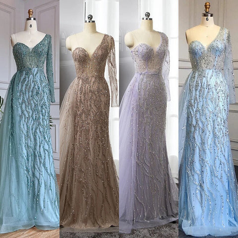 Robe de soirée sirène bleue, élégante et sexy, asymétrique, avec perles, luxueuse, pour femme, modèle LA71629, 2025 