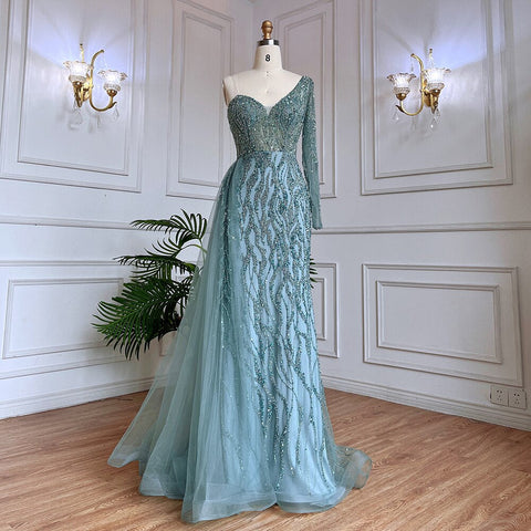 Robe de soirée sirène bleue, élégante et sexy, asymétrique, avec perles, luxueuse, pour femme, modèle LA71629, 2025 