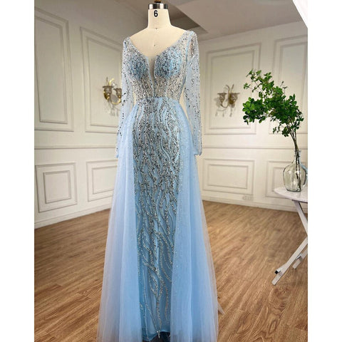 Robe de soirée sirène bleue, élégante et sexy, asymétrique, avec perles, luxueuse, pour femme, modèle LA71629, 2025 