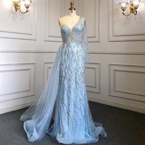 Robe de soirée sirène bleue, élégante et sexy, asymétrique, avec perles, luxueuse, pour femme, modèle LA71629, 2025 