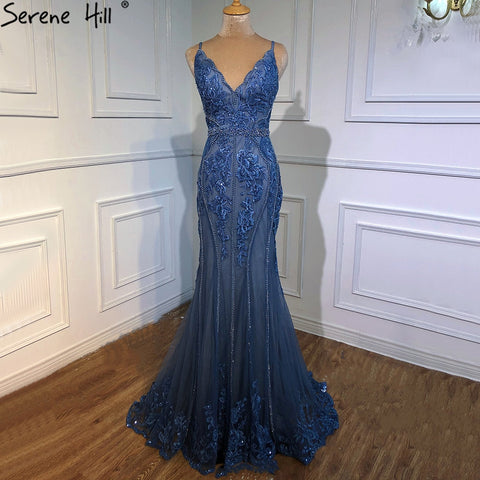 Vestido de noche sexy de sirena azul sin mangas con encaje y cuentas, diseño de vestido formal de alta gama LA70724 