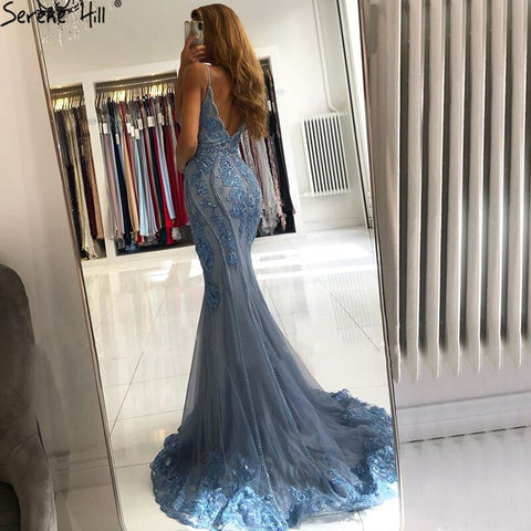 Vestido de noche sexy de sirena azul sin mangas con encaje y cuentas, diseño de vestido formal de alta gama LA70724 