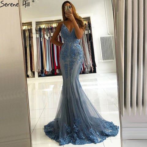 Vestido de noche sexy de sirena azul sin mangas con encaje y cuentas, diseño de vestido formal de alta gama LA70724 