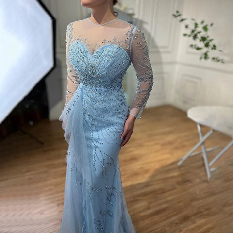 On Sale no return no refund Blue Mermaid Sexy High Split Elegant With Skirt Lace Beaded Evening Dresses Gowns For Women Party 2025 LA71781