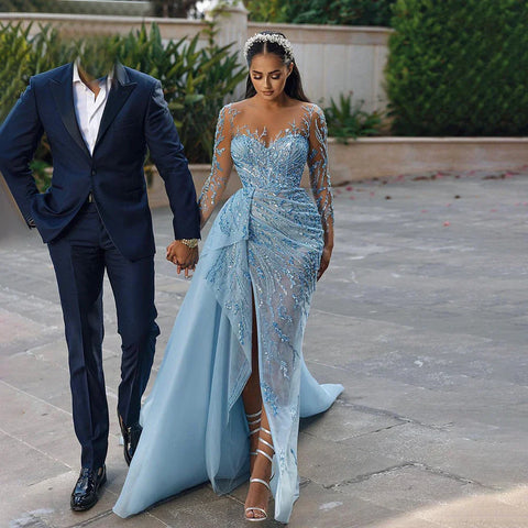 On Sale no return no refund Blue Mermaid Sexy High Split Elegant With Skirt Lace Beaded Evening Dresses Gowns For Women Party 2025 LA71781