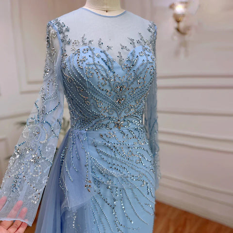 On Sale no return no refund Blue Mermaid Sexy High Split Elegant With Skirt Lace Beaded Evening Dresses Gowns For Women Party 2025 LA71781