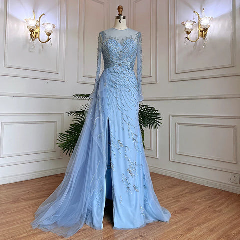 On Sale no return no refund Blue Mermaid Sexy High Split Elegant With Skirt Lace Beaded Evening Dresses Gowns For Women Party 2025 LA71781