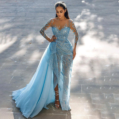 On Sale no return no refund Blue Mermaid Sexy High Split Elegant With Skirt Lace Beaded Evening Dresses Gowns For Women Party 2025 LA71781