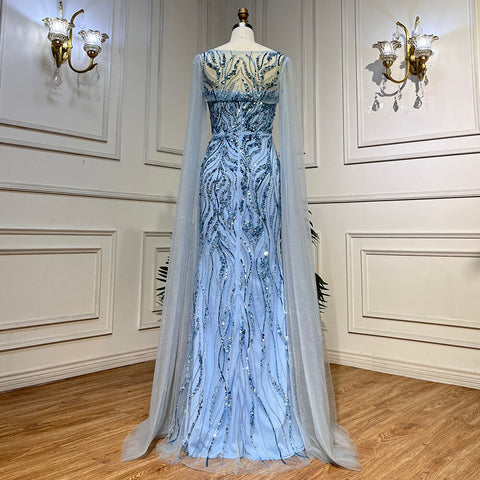 Robe de soirée sirène bleue sexy à manches longues et col montant, luxueuse robe perlée, pour femme, modèle LA72015, 2025 