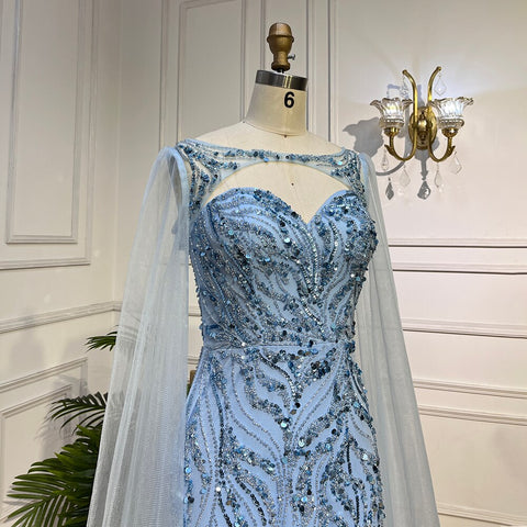 Robe de soirée sirène bleue sexy à manches longues et col montant, luxueuse robe perlée, pour femme, modèle LA72015, 2025 