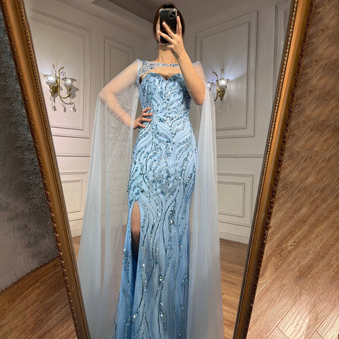 Robe de soirée sirène bleue sexy à manches longues et col montant, luxueuse robe perlée, pour femme, modèle LA72015, 2025 