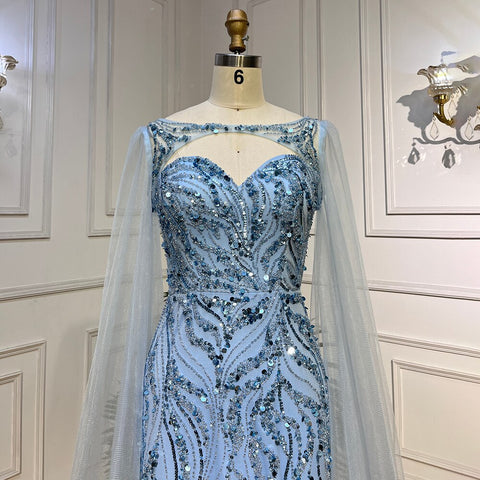 Robe de soirée sirène bleue sexy à manches longues et col montant, luxueuse robe perlée, pour femme, modèle LA72015, 2025 
