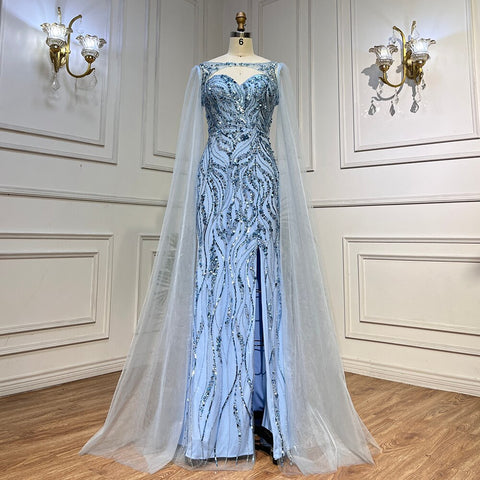 Robe de soirée sirène bleue sexy à manches longues et col montant, luxueuse robe perlée, pour femme, modèle LA72015, 2025 