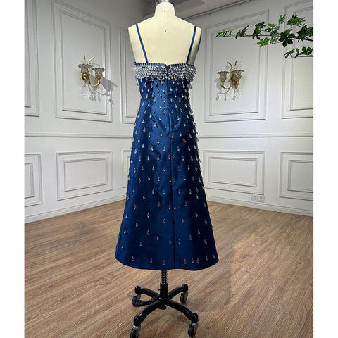 Robe de soirée sirène bleue sexy à bretelles spaghetti et col bateau, ornée de perles, luxueuse robe arabe pour femme, LA71788