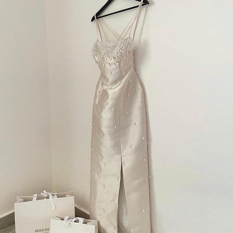 Robe de soirée sirène bleue sexy à bretelles spaghetti et col bateau, ornée de perles, luxueuse robe arabe pour femme, LA71788