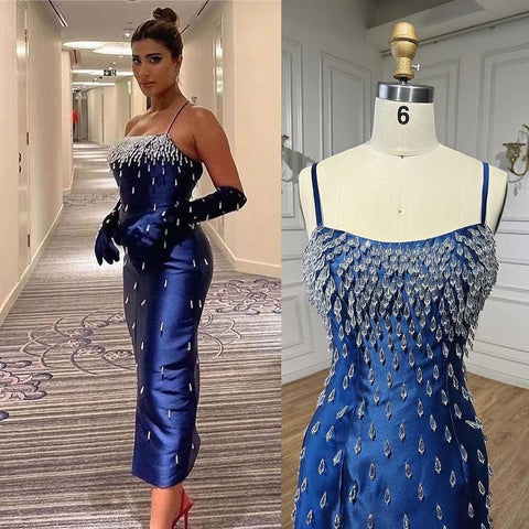 Robe de soirée sirène bleue sexy à bretelles spaghetti et col bateau, ornée de perles, luxueuse robe arabe pour femme, LA71788