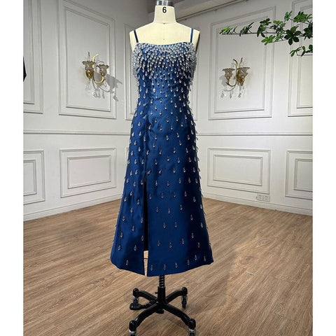 Robe de soirée sirène bleue sexy à bretelles spaghetti et col bateau, ornée de perles, luxueuse robe arabe pour femme, LA71788