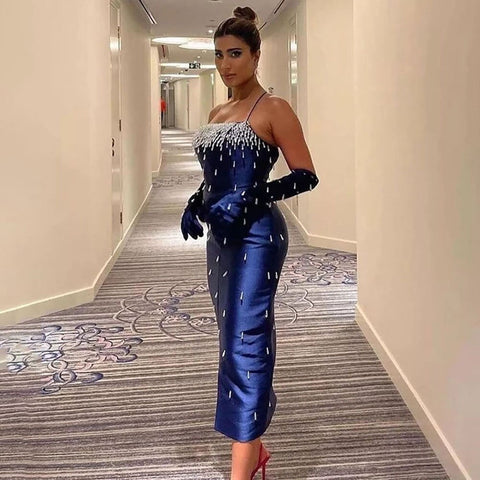 Robe de soirée sirène bleue sexy à bretelles spaghetti et col bateau, ornée de perles, luxueuse robe arabe pour femme, LA71788