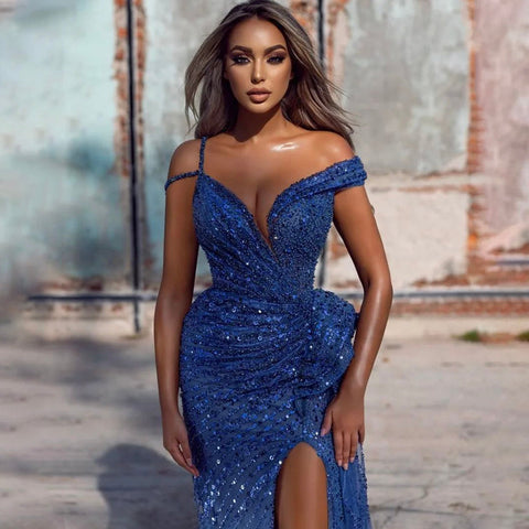 On Sale no return no refund Blue Mermaid Split Evening Dresses Gowns 2025 Beaded Elegant Luxury For Women Party LA71663