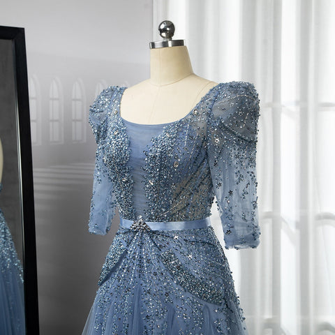 Vestido midi azul de noche, 2025, de lujo, estilo musulmán, largo hasta el tobillo, corte árabe, para bodas, fiestas formales, LA71631A 